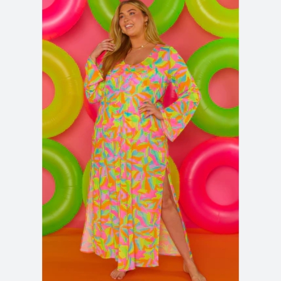 NWT SHOW ME YOUR MUMU SANTOS COVER UP VIBRANT SHEER MAXI DRESS IN NEON TROPICS - Picture 3 of 15